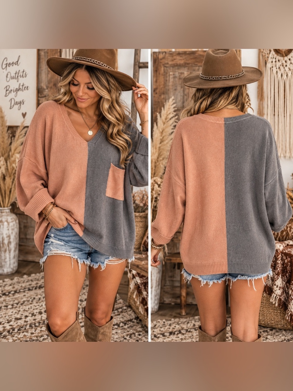 Two-Tone V-Neck Sweater in Peach & Gray